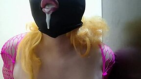 Cute tgirl slurps black dildo cum in bathroom