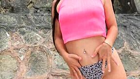 Petite brunette beauty flashes dances bikini beach public chill