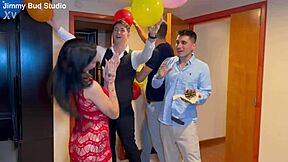 Argentinian slut's birthday gangbang double penetration milk drinking humiliation orgy