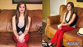 Petite brunette Livia masturbates her shaved pussy then deepthroats craving cock