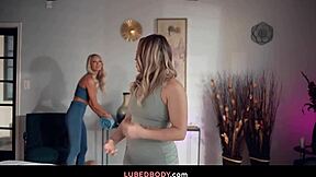 Oiled lesbians finger and lick big tits in steamy threesome massage!