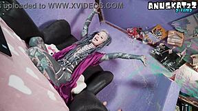 tattooed goth model teases pierced nipples then masturbates anus with toys live