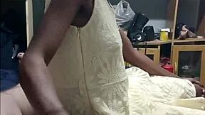 Wife sucks while black slut hands my cock with her tiny tits out