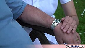 cute brunette nurse rides older patient's cock in hospital treatment