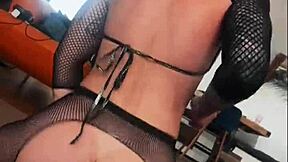 tattooed teen anal slut's rough pov cowgirl creampie in latex