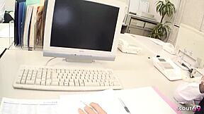 Office girl squirts hard from ass toys in JAV 3some