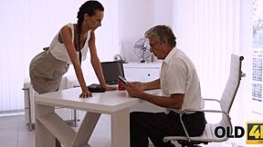 why does this old boss stretch his teen assistant pussy instead of work?
