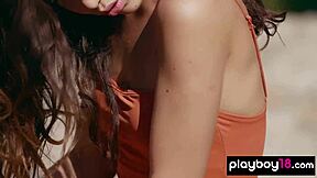 Gorgeous natural asian teen kit rysha strips naked outdoors for horny softcore fun