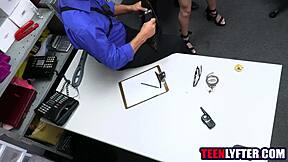 Skinny brunette teen caught stealing. Bribes mall cops with shaved pussy.