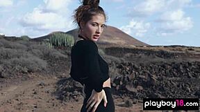 Gorgeous Brunette Taya Vais Strips Naked Revealing Perfect Tits Outdoors