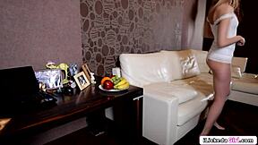 Blonde teen rams dildo deep in shaved pussy solo