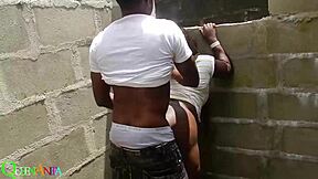 Chubby asian bent over for black cock doggystyle in uncompleted building.