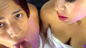 busty brunette stepmom and stepsis in tub sucking me off till i bust on tits