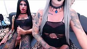 Sexy goth tranny couple strokes cocks in hot crossdressing webcam masturbation frenzy!