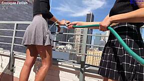 Erotique fetish patio threesome heats up barefoot. Two amateurs footjob Eric John's huge cock wet