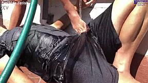 Erotique fetish patio threesome heats up barefoot. Two amateurs footjob Eric John's huge cock wet