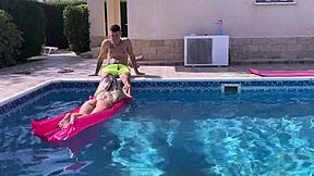 The neighbor's hot mom bends over by the pool for intense doggystyle pounding like a pro