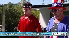 Stepmom and stepdaughter tag team cock at family BBQ, sucking riding hard